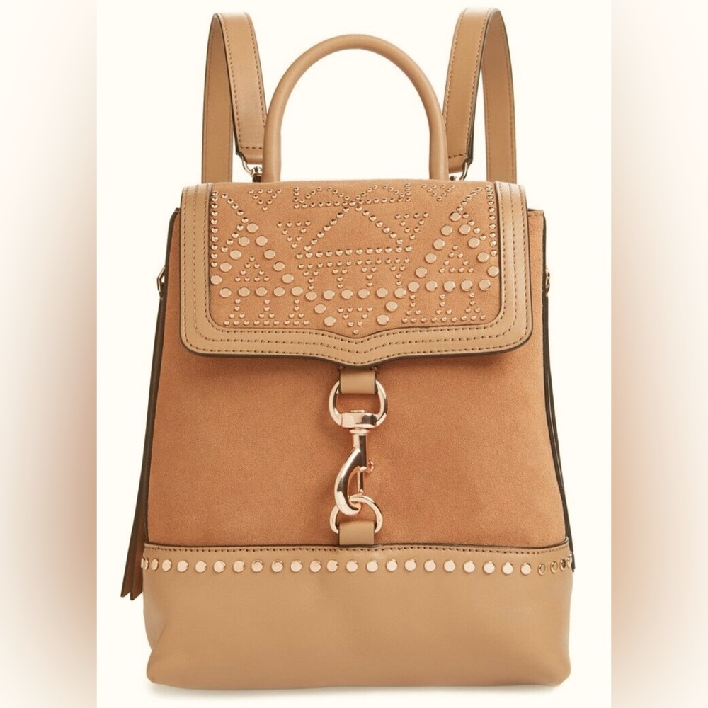 Rebecca Minkoff Bree Studded Mini Suede/Leather Backpack Bag w Rose Gold Studs